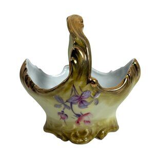 Antique Nippon Porcelain Basket Vase, Hand-Painted with Floral and Gold-Toned De